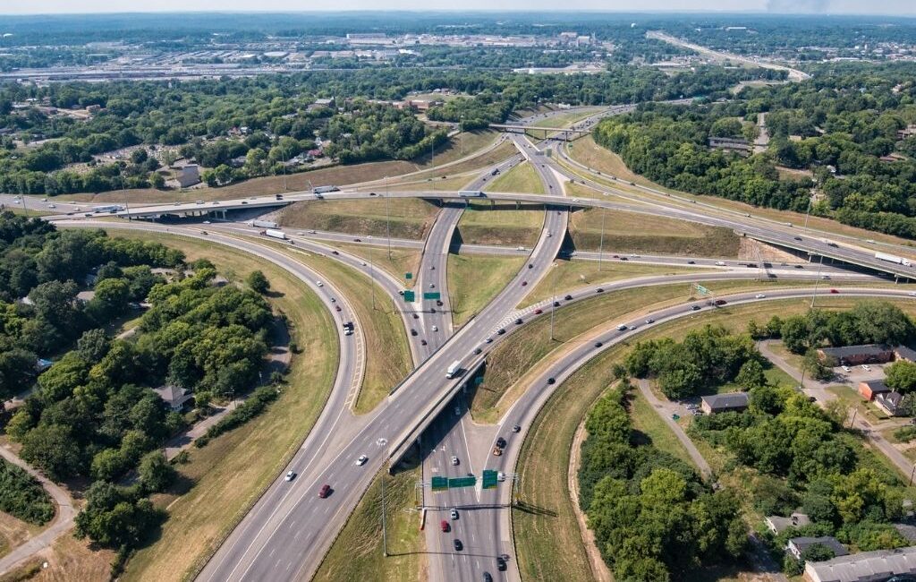 Aerial view of highways crossing and traffic merging in Birmingham, Alabama