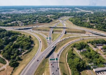 Aerial view of highways crossing and traffic merging in Birmingham, Alabama