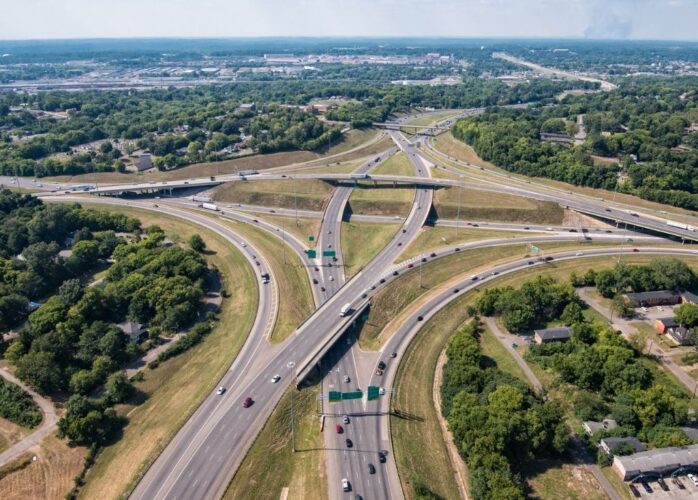 Aerial view of highways crossing and traffic merging in Birmingham, Alabama