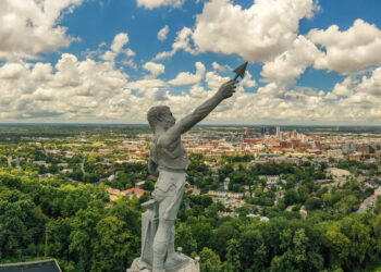 Aerial View of Vulcan Statue Overlooking Downtown Birmingham, AL