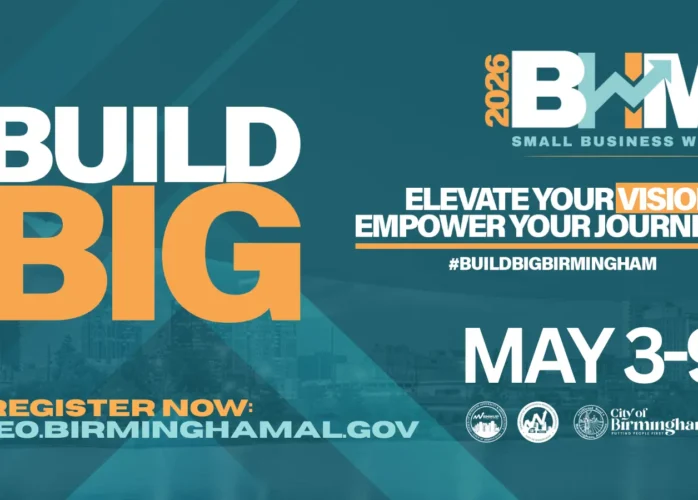 An event promotional graphic for 2026 BHM Small Business Week set against a teal background with geometric overlays and a blurred city skyline. The left side features the large, bold text "BUILD BIG" in white and orange. Below this, an orange call to action reads, "REGISTER NOW: IEO.BIRMINGHAMAL.GOV." On the right side, the logo for "2026 BHM Small Business Week" is displayed, followed by the slogan, "ELEVATE YOUR VISION. EMPOWER YOUR JOURNEY." and the hashtag #BUILDBIGBIRMINGHAM. The event dates, "MAY 3-9," are written in large white font. The bottom right corner displays official seals for the City of Birmingham.