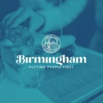 A person pouring a clear liquid into a glass of ice, with a blue color overlay featuring the official seal of Birmingham, Alabama, and the text "Birmingham: Putting People First."