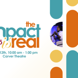 A promotional graphic for an event titled "the impact is real" featuring a small BDO logo. Text below the title indicates the event is on June 12th from 10:00 am to 1:00 pm at the Carver Theatre. The right side of the graphic features a modern design of abstract teal, orange, and yellow shapes containing two inset photos: one of a woman speaking on a stage, and another of a woman speaking from an audience.