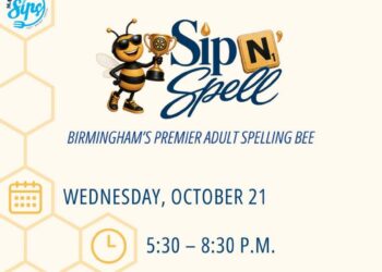 A promotional poster for "Sip N' Spell: Birmingham's Premier Adult Spelling Bee". The central graphic features a cartoon bee holding a trophy next to the event name. The poster lists the following event details: Date: Wednesday, October 21 Time: 5:30 – 8:30 P.M. Location: Woodlawn Theatre Website: ROTARACTBHM.ORG The top of the flyer notes the event is presented by Coca-Cola Bottling Company United and sponsored by PNC Bank, Yellowhammer Golf, Woodlawn United, and Magic City Sips. The Rotaract Club of Birmingham logo appears in the bottom right corner.