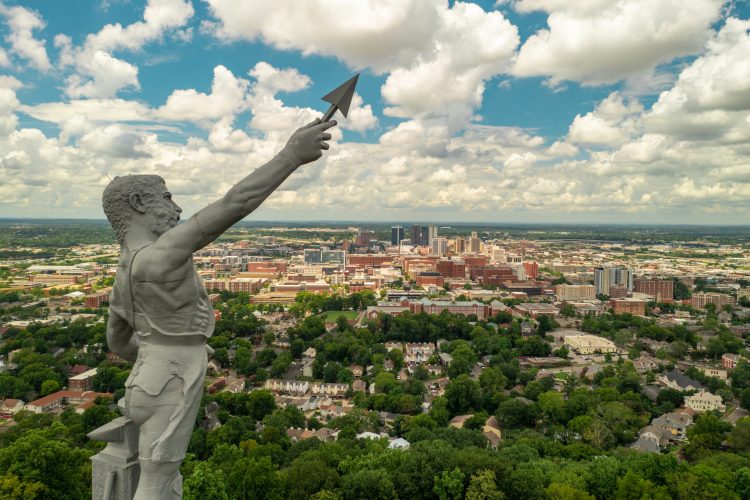 Aerial View of Vulcan Statue overlooking downtown Birmingham, AL Aerial View of Vulcan Statue overlooking downtown Birmingham, AL