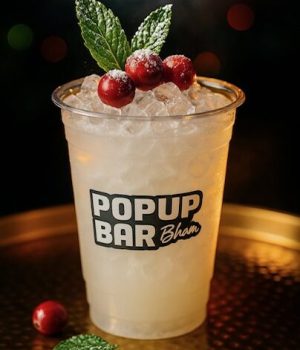A close-up of a frosty iced cocktail in a clear cup bearing a "POPUP BAR Bham" sticker, beautifully garnished with fresh mint, red cranberries, and a dusting of powdered sugar on a gold tray.